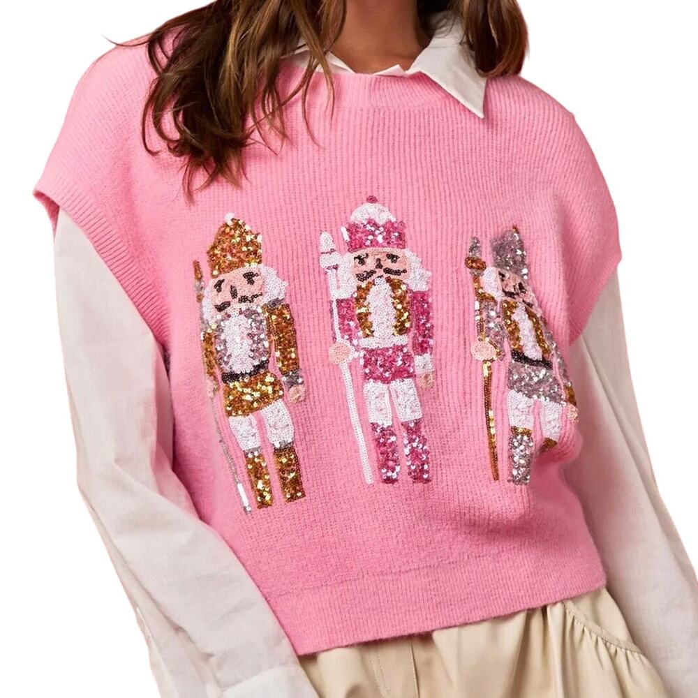 Peach Love Pink Knit Sequin Nutcracker Holiday Festive Sweater Vest Size M